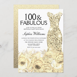 Convites Dourado Vestido Floral 100 e Fabuloso 100º Anivers