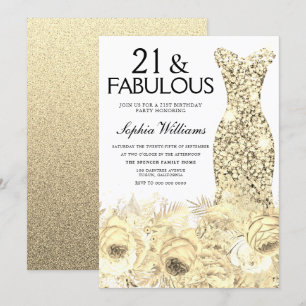 Convites Dourado Vestido Floral 21 e aniversário de 21 ano