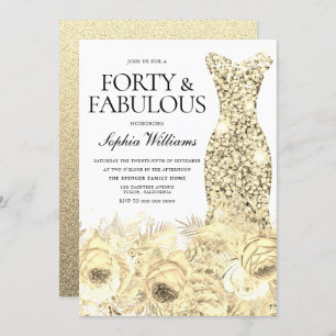 Convites Dourado Vestido Floral 40 e fabuloso aniversário d