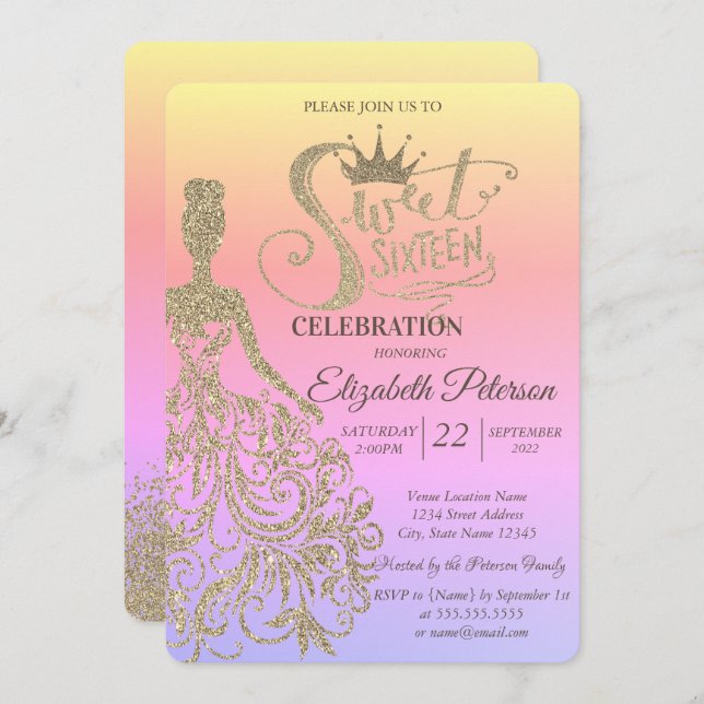Convites Dourado Vestido Luminoso, Tiara, Ombre de Ouros Do (Frente/Verso)