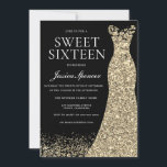 Convites Dourado vestido preto doce 16 Festa de aniversário<br><div class="desc">Black Dourado Dress Sweet 16 Variações de Convite de aniversário para o convite e itens correspondentes na nossa loja</div>