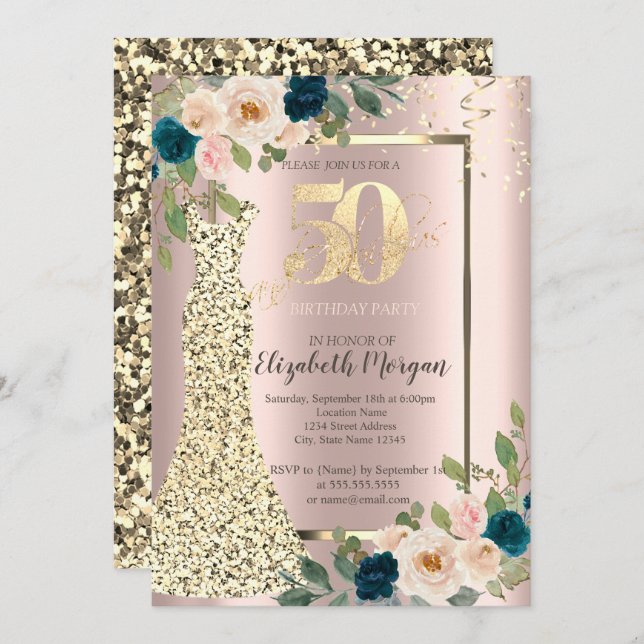 Convites Dourado vestido, Rosa azul Dourado 50º aniversário (Frente/Verso)