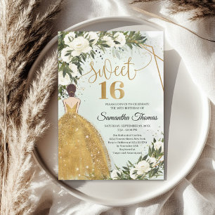 Convites Dourado vestido rosas brancas verde folhagem de ol