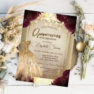 Convites Dourado Vestido Rosas de Borgonha Confetti Quincea