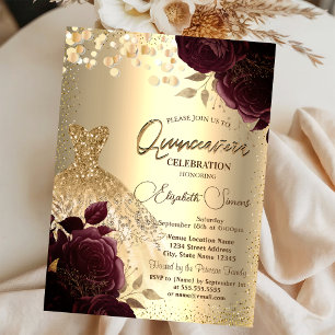 Convites Dourado vestido Rosas de Borgonha Quinceañera