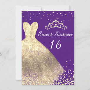 Convites Dourado Vestido Roxo Doce 16 Festa de aniversário