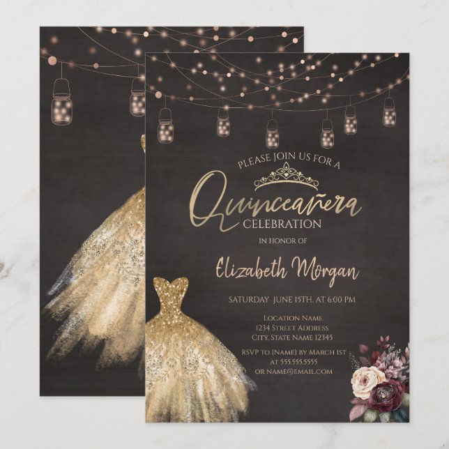 Convites Dourado Vestido Russo Cordas Luzes Rosas Quinceañe (Frente/Verso)