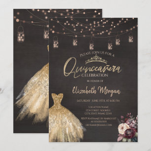 Convites Dourado Vestido Russo Cordas Luzes Rosas Quinceañe