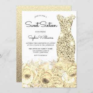 Convites Dourado Vestido Sparkle e Flores Doce 16 Festa
