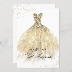 Convites Dourado vestido Sparkle Girls Bat Mitzvah