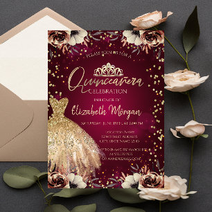 Convites Dourado Vestido Tiara, Flores Burgundy Quinceañera