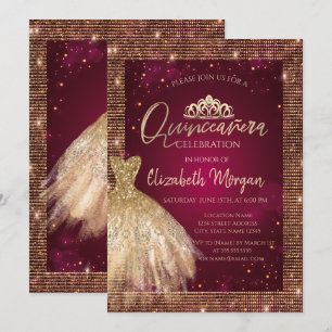 Convites Dourado Vestido Tiara, Sequins Burgundy Quinceañer