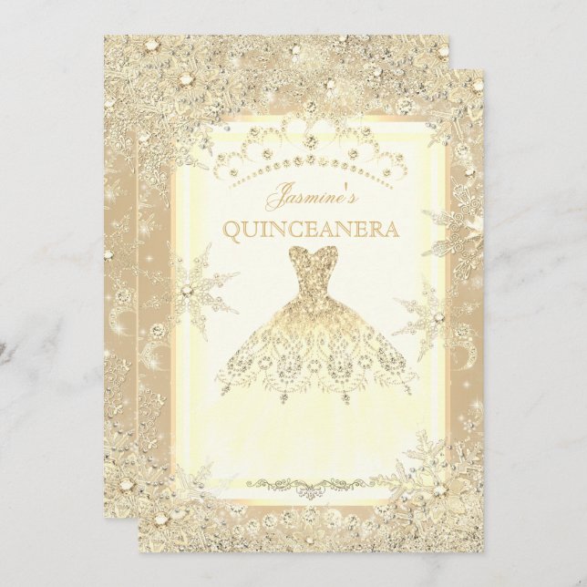 Convites Dourado Vestido Tiara Winter Wonderland Quinceaner (Frente/Verso)