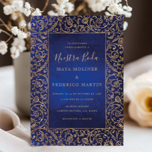 Convites Dourado Vintage e Azul Veludo Nossa Noiva Casament