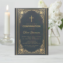 Dourado Vintage em Azul Marinho Elegante Confirmaç