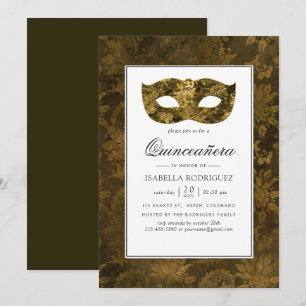 Convites Dourado Vintage Máscara de Dança Damask Quinceañer