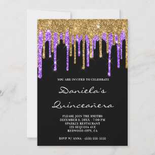 Convites Dourado Violeta Brilho Gotas Preto Quinceañera
