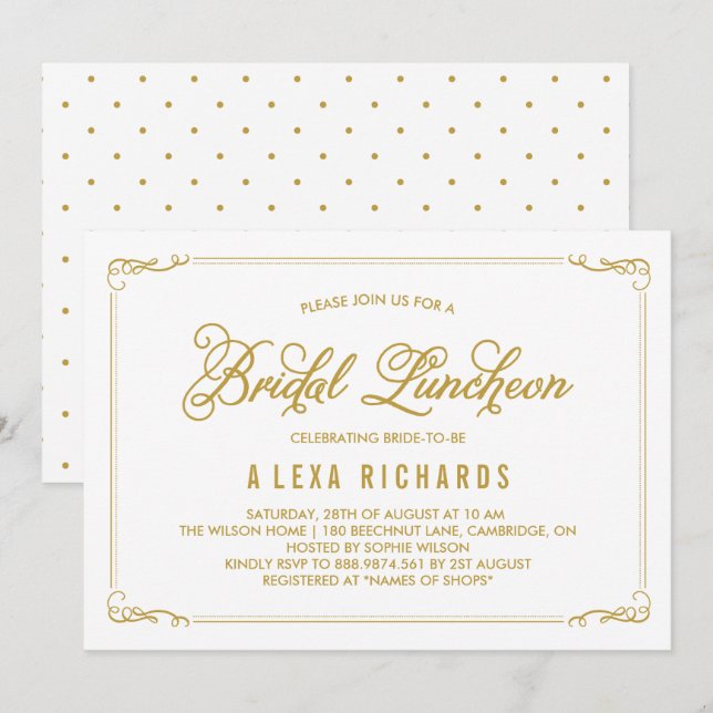 Convites Dourado Whimsical Borders Bridal Lunchee (Frente/Verso)