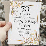Convites Dourado White Floral 50º Aniversário<br><div class="desc">Rosas de arte da linha de ouro elegantes e folhas cercam seus 50º aniversário de casamento.</div>