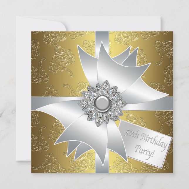 Convites Dourado White Gift Classy Damask 50th Birthday (Frente)