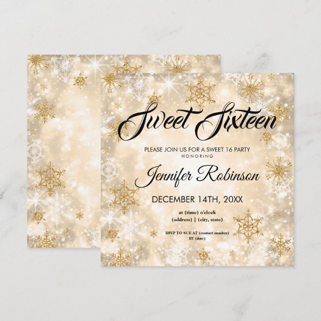 Convites Dourado Winter Sweet 16 Glitter Sparkle (Frente/Verso)