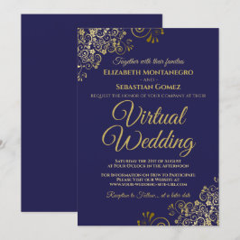 Convites Dourados amigos no casamento virtual Elegante azul