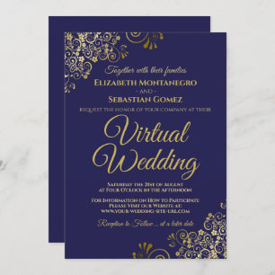 Convites Dourados amigos no casamento virtual Elegante azul
