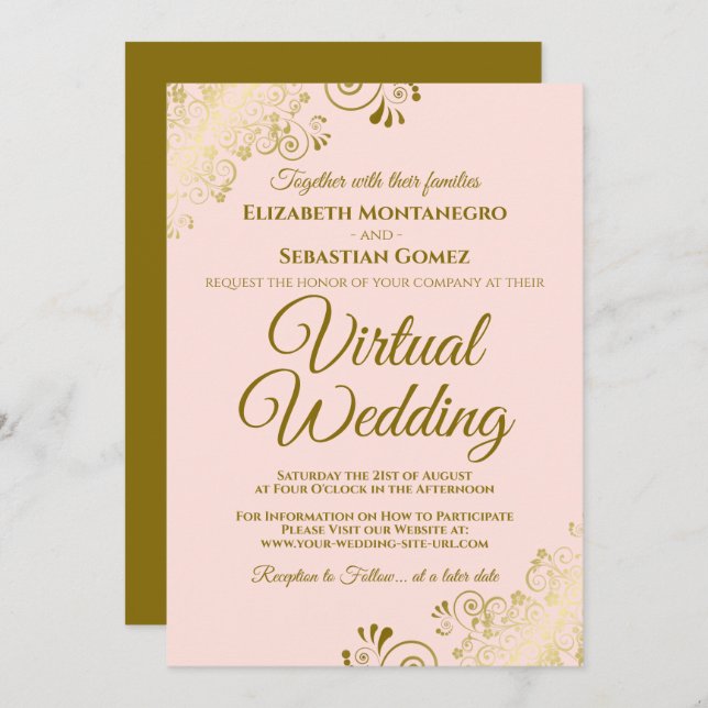 Convites Dourados amigos no casamento virtual elegante cor- (Frente/Verso)