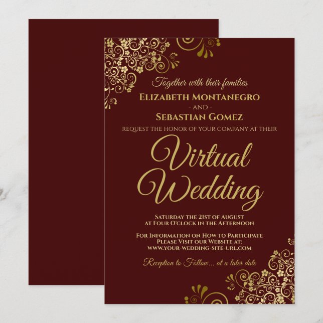 Convites Dourados Amigos no Casamento Virtual Elegante da B (Frente/Verso)