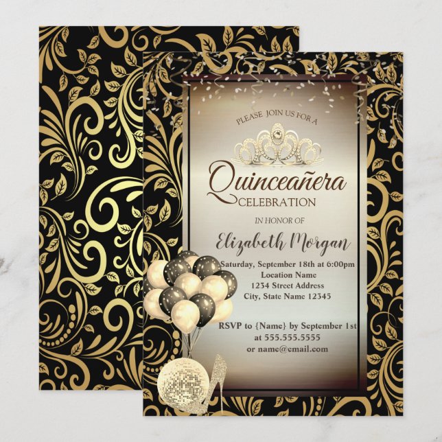 Convites Dourados, Balões, Altos Saltos, Tiara Quinceañera (Frente/Verso)