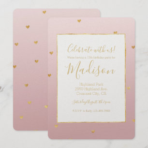 Convites Dourados corações cor-de-rosa