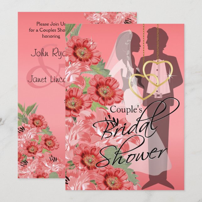 Convites Dourados Corações no Chá de Satanás de Corais (Frente/Verso)