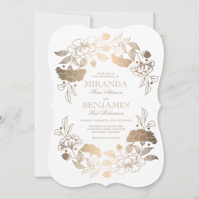 Convites Dourados Peonies | Elegante Floral e Casamento vin (Frente)