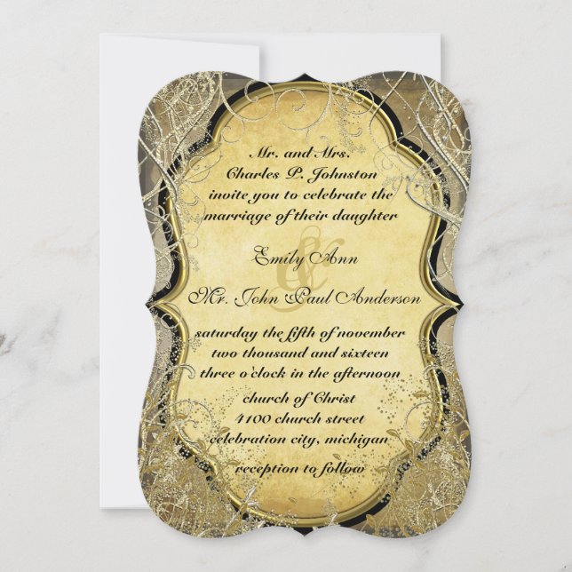 Convites Dourados picos e folhas em papel metálico Dourado  (Frente)