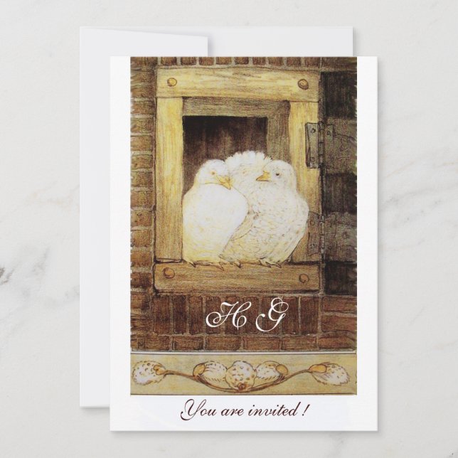 Convites DOVAS BRANCAS NO monograma da JANELA, amarelo-acas (Frente)