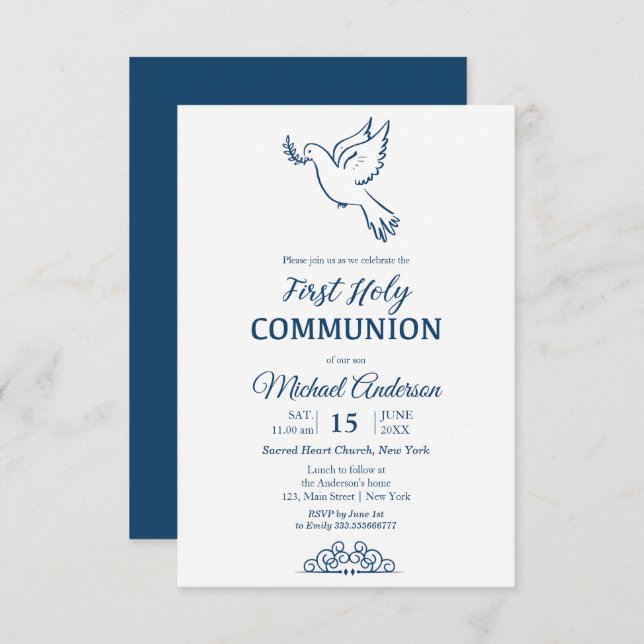 Convites Dove First Communion Blu Elegant (Frente/Verso)