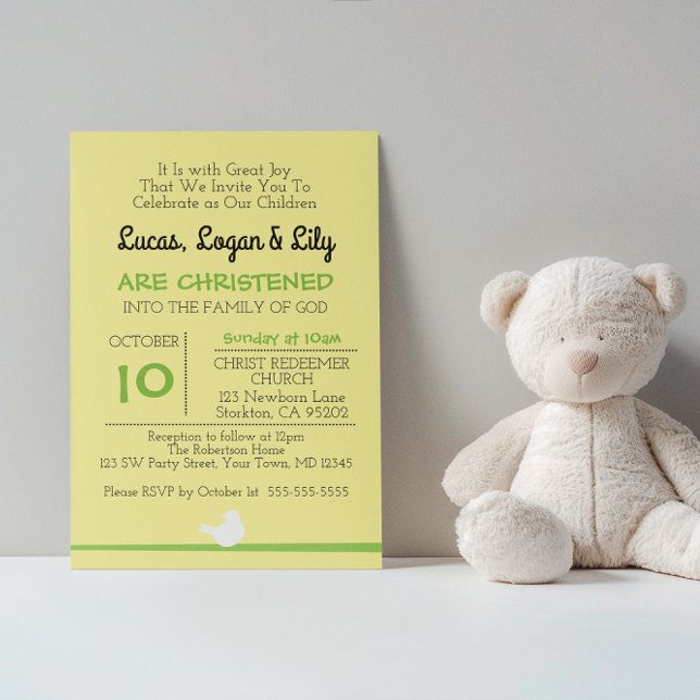 Convites Dove no Branch Yellow Christening Invitation (Criador carregado)
