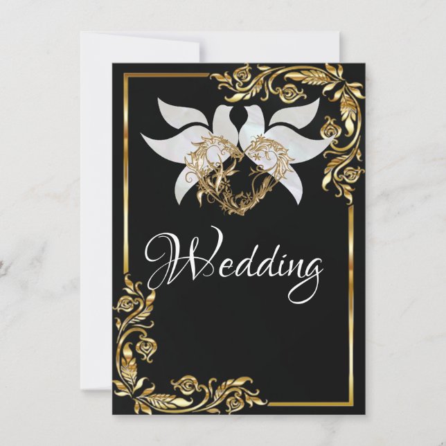 Convites Doves, Heart & Gold Frame on Black (Frente)