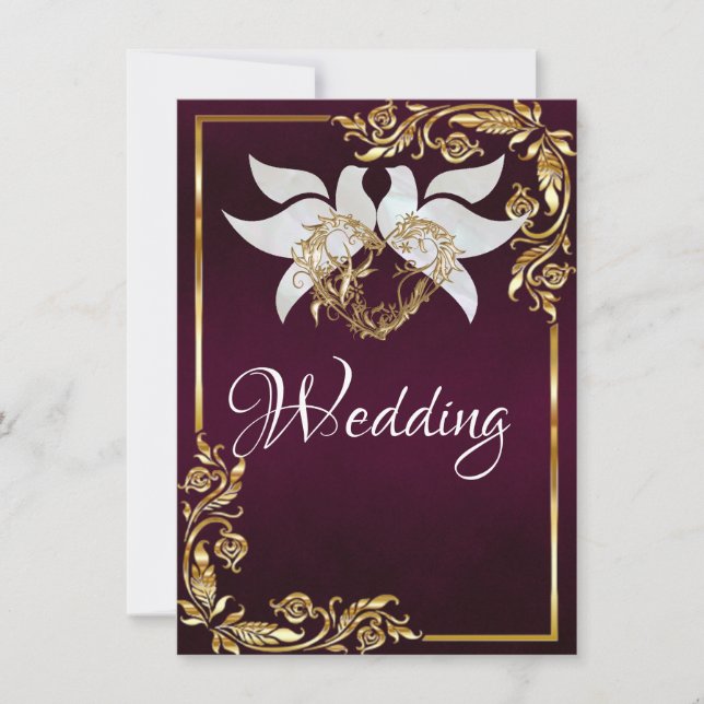 Convites Doves, Heart & Gold Frame on Dark Purple (Frente)