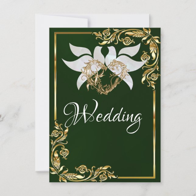 Convites Doves, Heart & Gold Frame on Emerald Green (Frente)