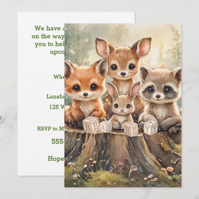Convites Download Digital de Animais da Floresta para Bebê  (Frente/Verso)