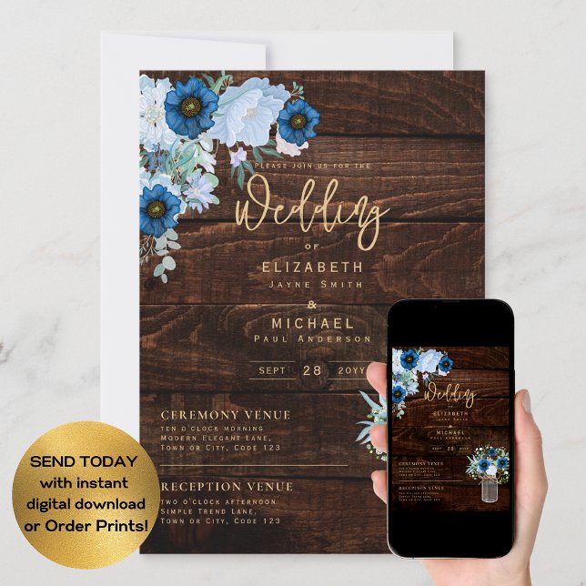 Convites Download Digital Instantâneo Rustic Blue Wedding (Criador carregado)