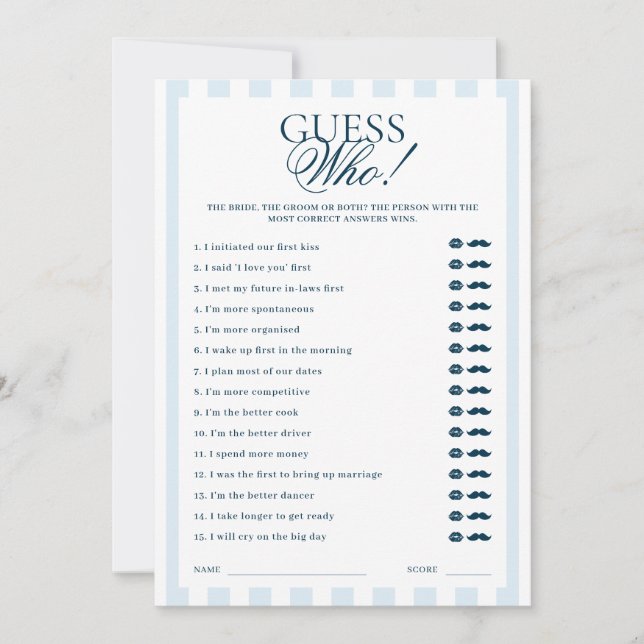 Convites Downloadable Blue Striped Guess Who Card (Frente)
