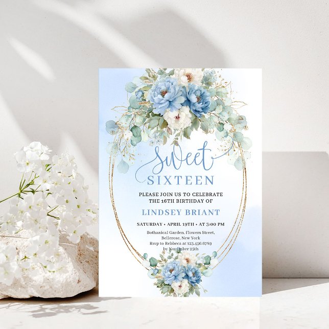 Convites Downloadable Boho Dusty Blue Floral Sweet 16 Party (Downloadable Dusty Blue Floral Sweet 16 Party Invite)
