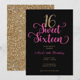 Convites Doze Aniversário Preto Rosa Quente Dourado Brilho