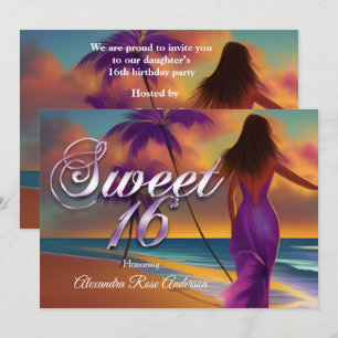 Convites Doze Anos 16º Roxa menina Praia Oceano dourado