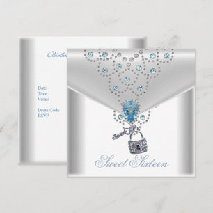 Convites Doze Anos 16 Elegante Branco Prata Azul Joia