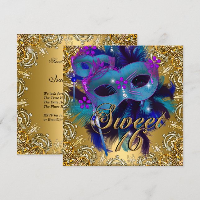 Convites Doze Anos 16 Mascarada Azul Dourado Roxo (Frente/Verso)