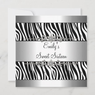 Convites Doze Anos 16 Preto Branco Zebra Prata Aniversário
