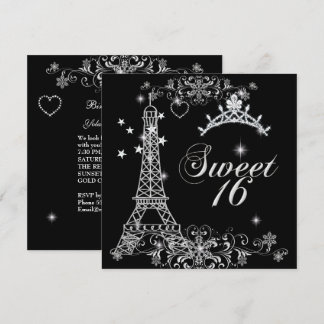 Convites Doze Anos 16 Preto Prata Brilho Torre Eiffel